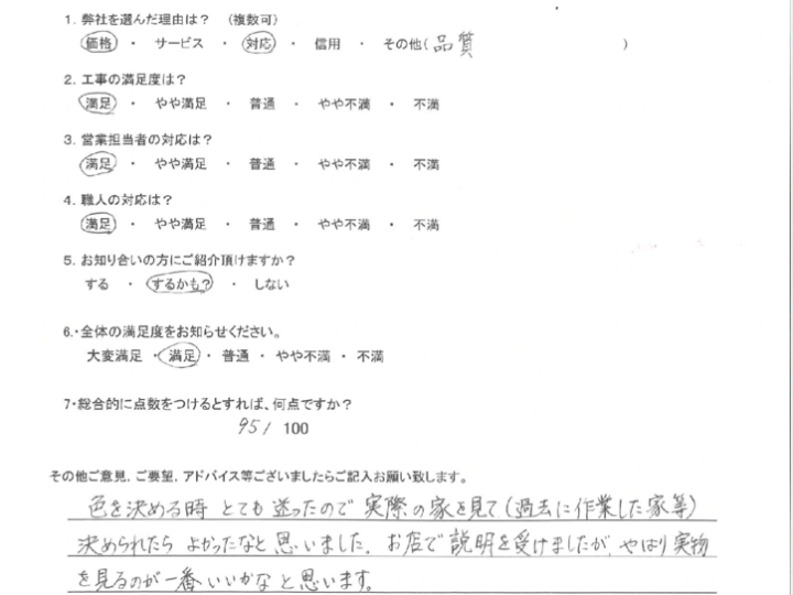 福岡県北九州市八幡西区　I様邸よりアンケートをいただきました。